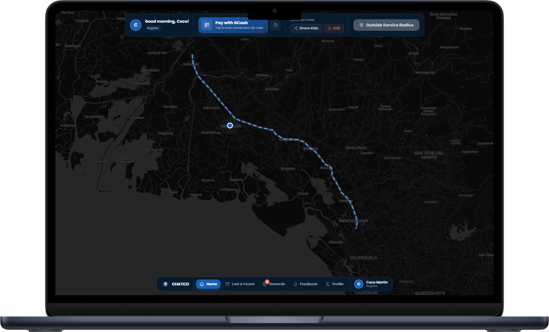 CHATCO commuter app on a laptop, showing the live route map and GCash payment