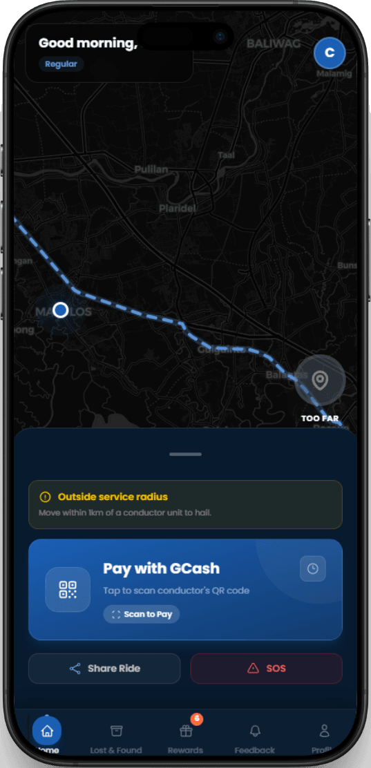 CHATCO commuter app on a phone, showing the Pay with GCash card, Share Ride and SOS
